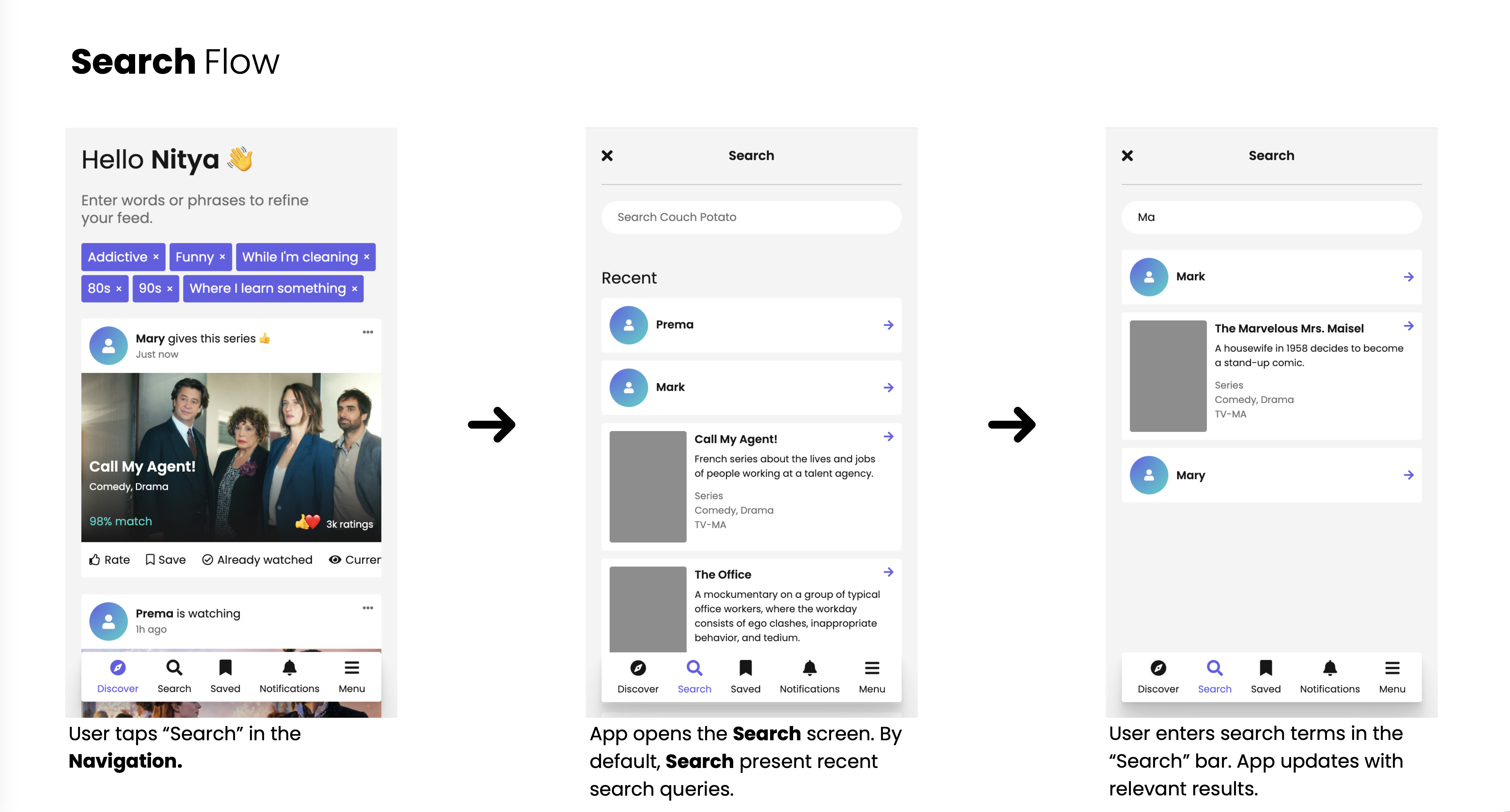 Couch Potato app wireflows showing the search flow